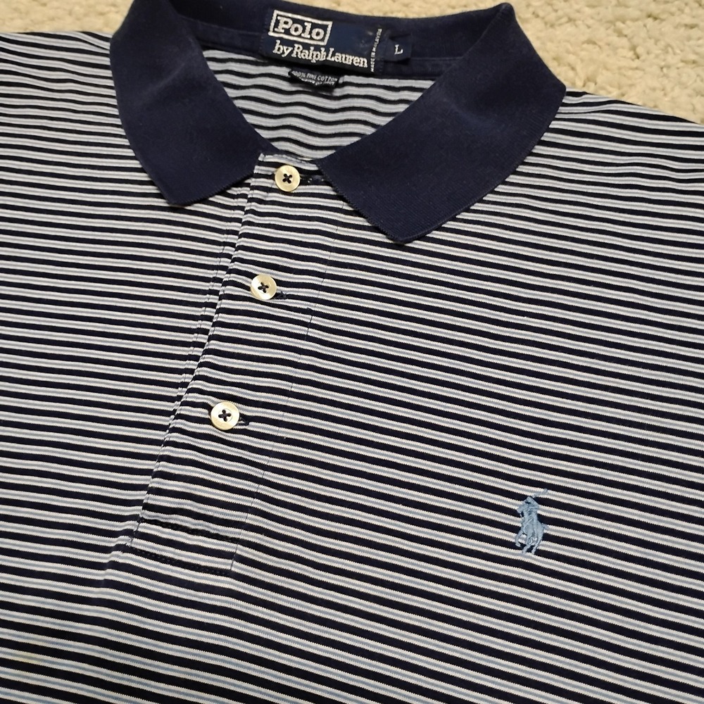 Polo Ralph Lauren Shirt Mens L (24x32) Blue Striped Preppy Pony Designer Vtg 90s